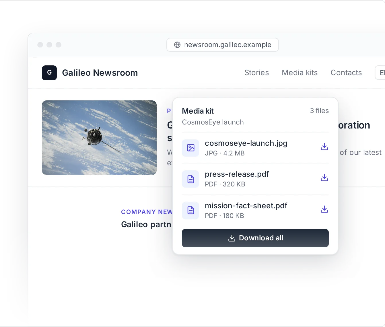 Galileo’s branded Prezly newsroom with a featured press release about the CosmosEye satellite and a media kit with images and PDFs to download