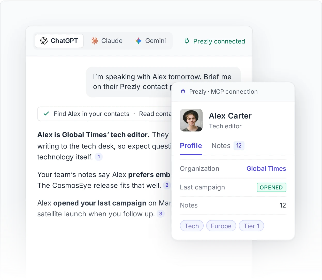 An AI assistant connected to Prezly briefs the user on journalist Alex Carter, citing the Prezly contact profile shown beside it